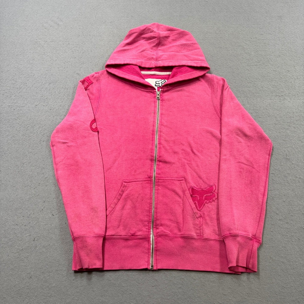 Fox Racing Hoodie Women's Medium Pink Zip Up Embroidered Logo Sweatshirt Y2K
